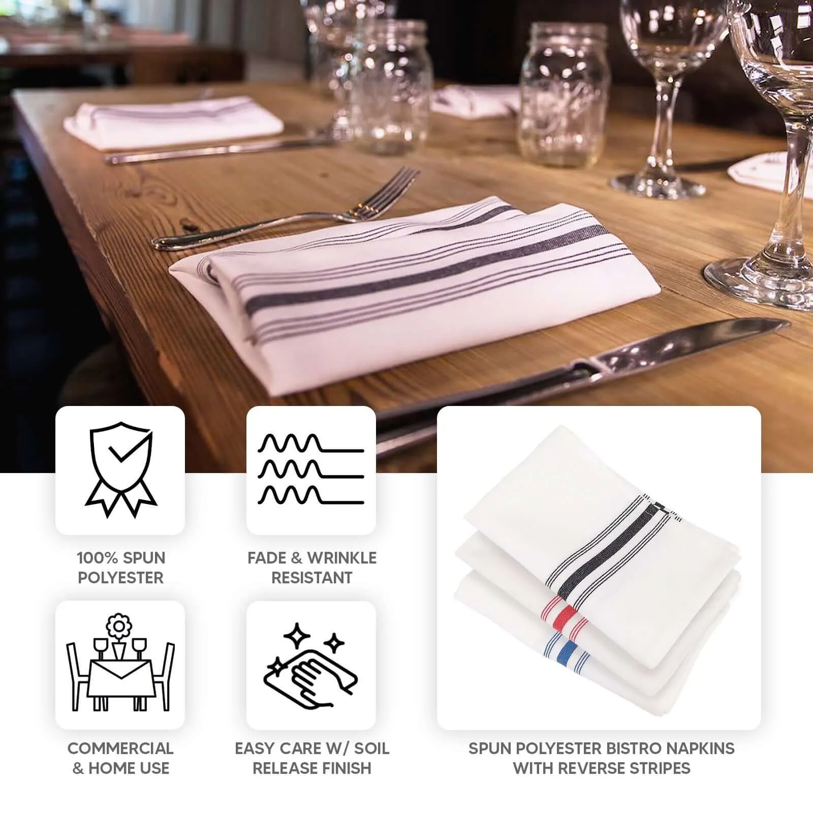 10 Pack Champagne Spun Polyester Cloth Napkins with White Reverse Stripes, Premium Restaurant Quality Bistro Napkins - 18"x22"