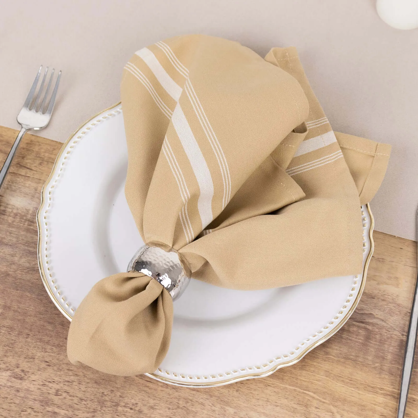 10 Pack Champagne Spun Polyester Cloth Napkins with White Reverse Stripes, Premium Restaurant Quality Bistro Napkins - 18"x22"