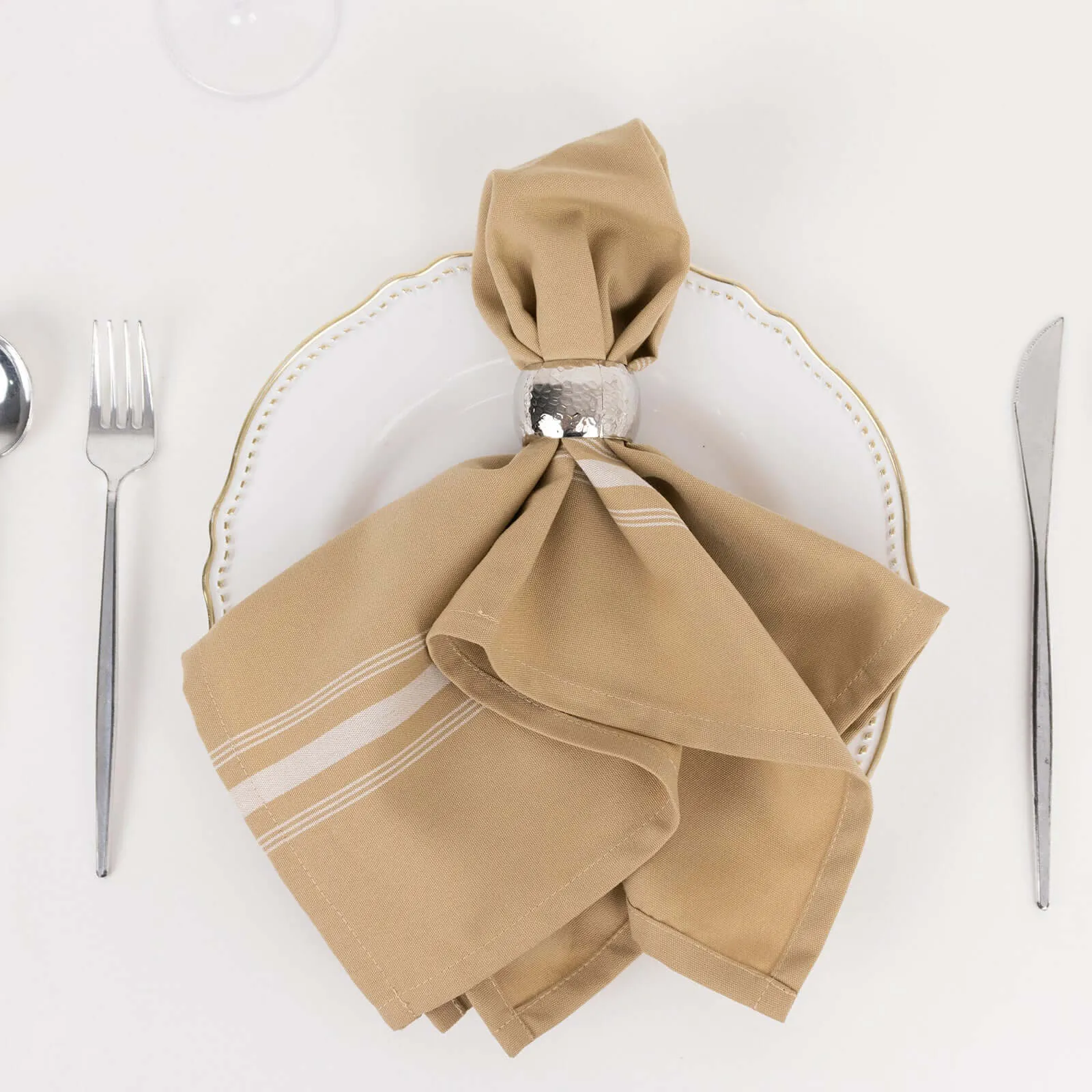 10 Pack Champagne Spun Polyester Cloth Napkins with White Reverse Stripes, Premium Restaurant Quality Bistro Napkins - 18"x22"