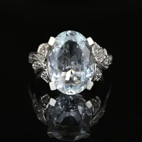 14K White Gold Art Deco Diamond Aquamarine Ring