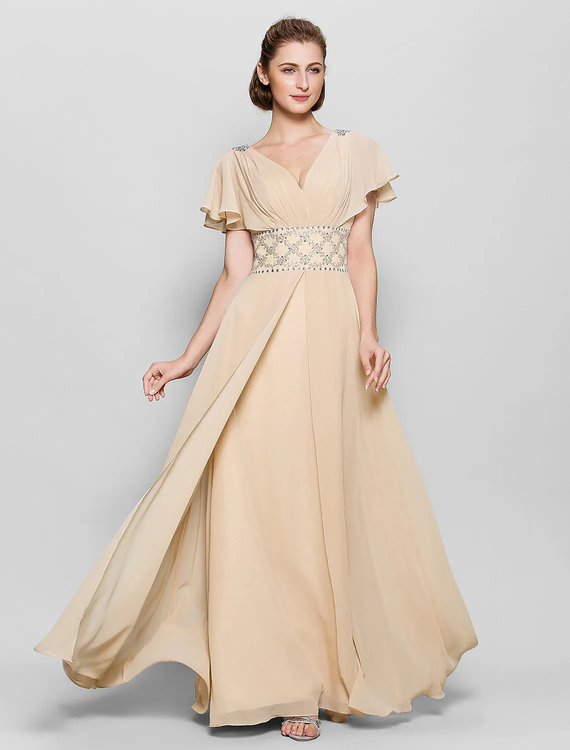 A-Line Mother of the Bride Dress Beautiful Back V Neck Floor Length Chiffon Short Sleeve No with Criss Cross Beading