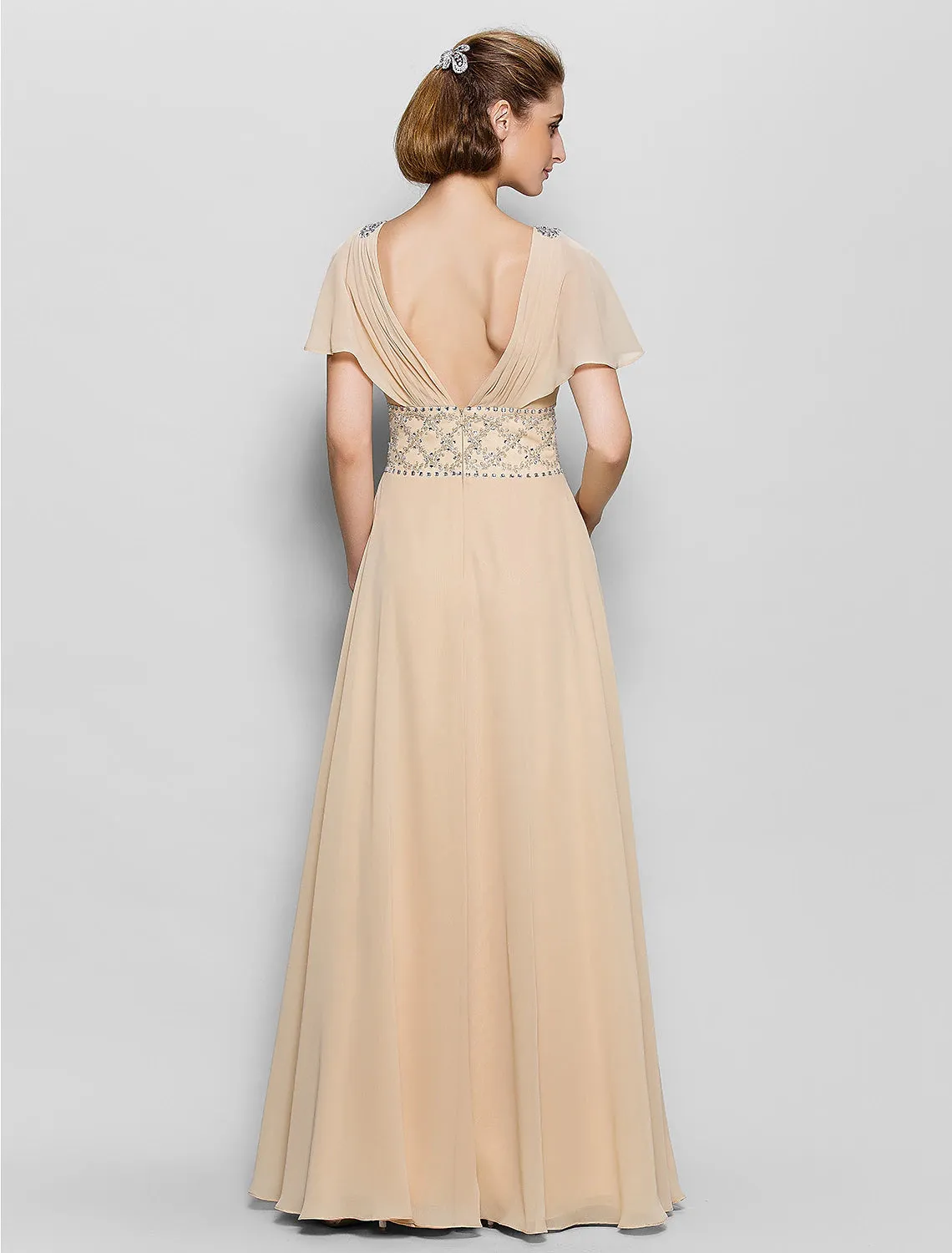 A-Line Mother of the Bride Dress Beautiful Back V Neck Floor Length Chiffon Short Sleeve No with Criss Cross Beading