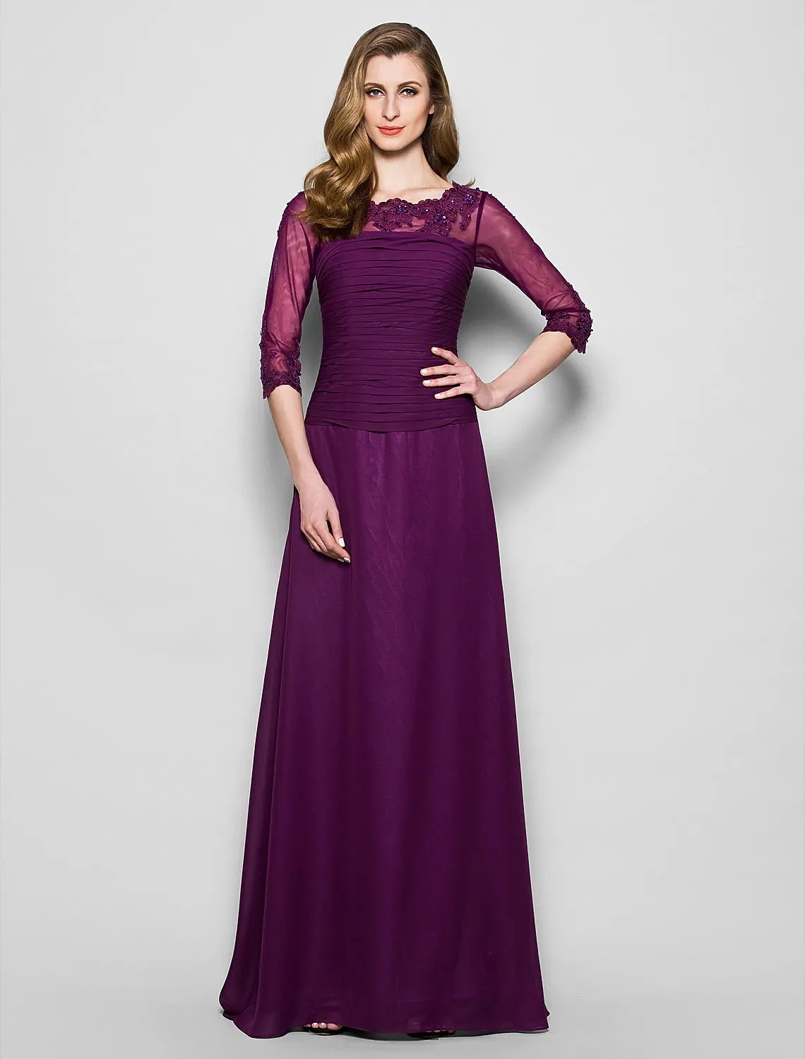 A-Line Mother of the Bride Dress Elegant Jewel Neck Floor Length Chiffon Lace 3/4 Length Sleeve No with Ruched Beading Appliques