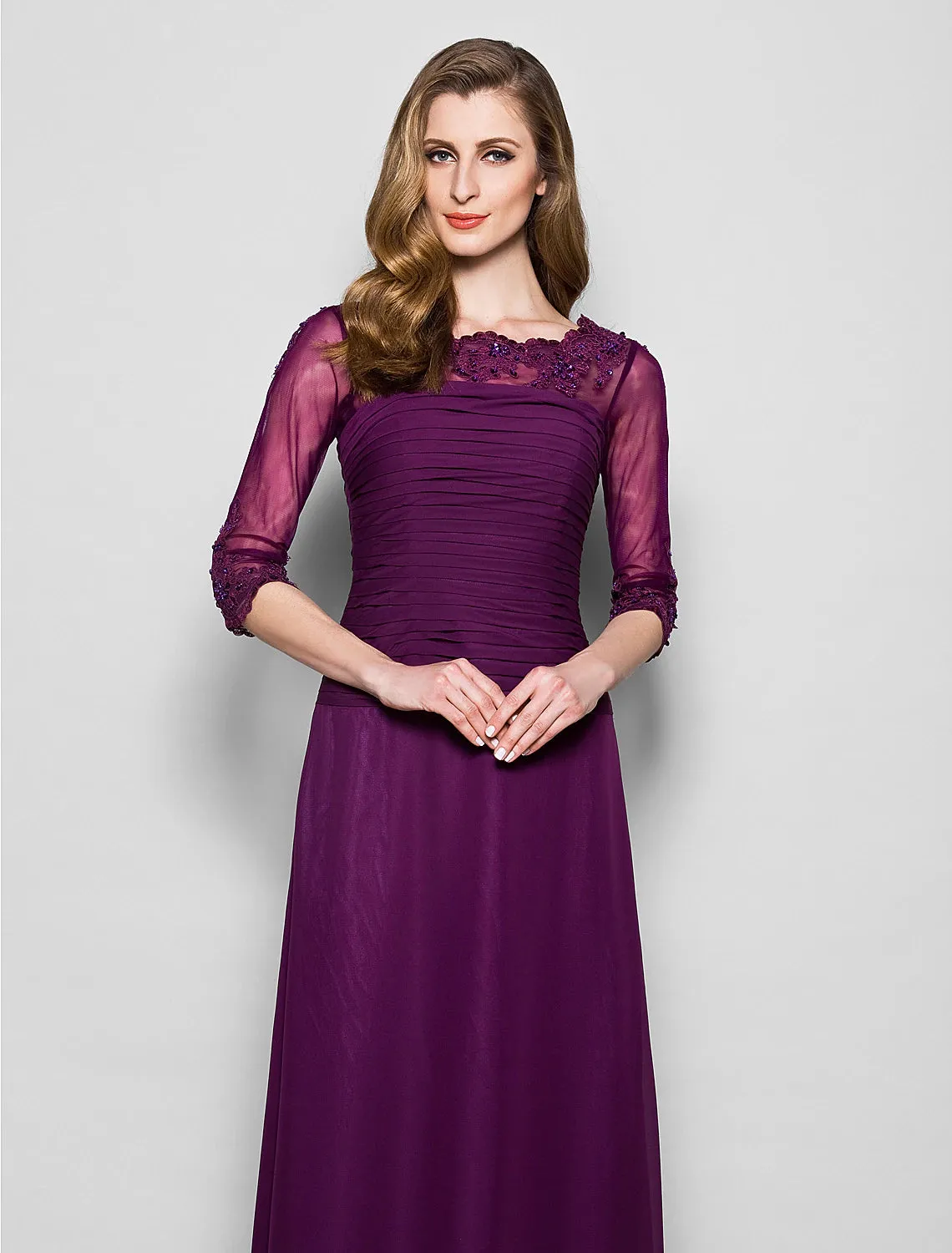 A-Line Mother of the Bride Dress Elegant Jewel Neck Floor Length Chiffon Lace 3/4 Length Sleeve No with Ruched Beading Appliques