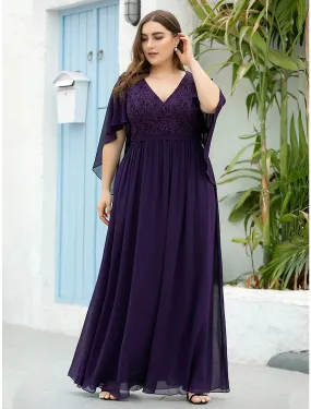 A-Line Mother of the Bride Dress Plus Size Elegant V Neck Floor Length Chiffon Tulle Half Sleeve with Sash / Ribbon