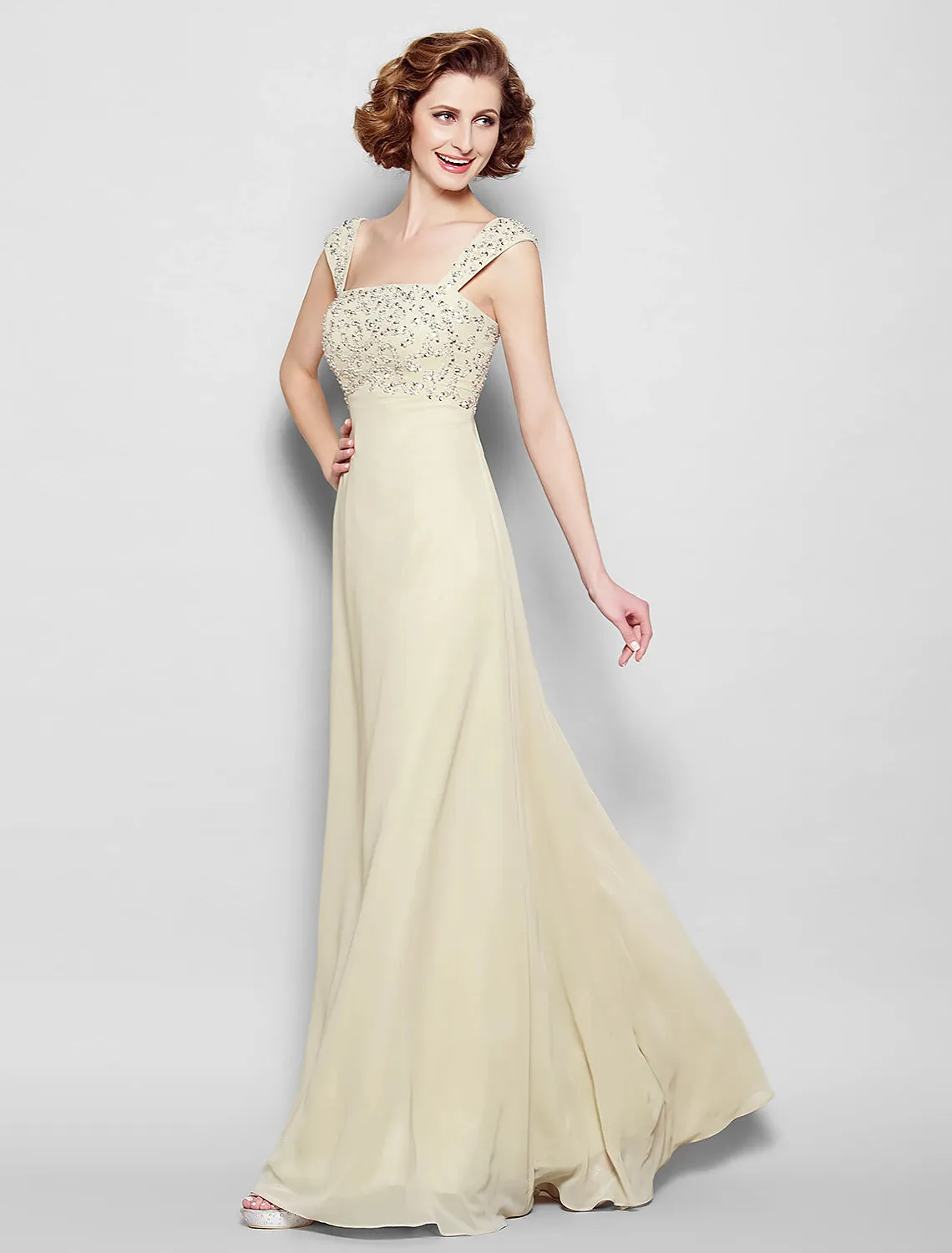 A-Line Mother of the Bride Dress Sparkle & Shine Straps Floor Length Chiffon Sleeveless No with Beading