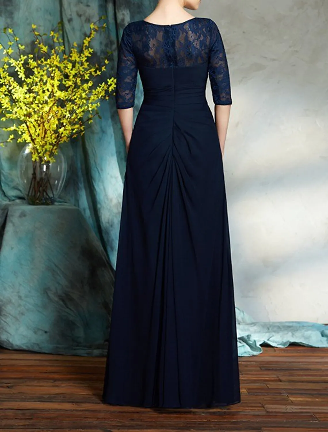 A-Line Mother of the Bride Dress Wedding Guest Elegant Scoop Neck Floor Length Chiffon Half Sleeve with Lace Crystals Ruching