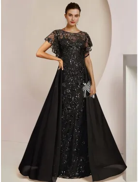 A-Line Mother of the Bride Dress Wedding Guest Elegant Scoop Neck Floor Length Chiffon Lace Sequined Short Sleeve with Sequin Ruching Solid Color