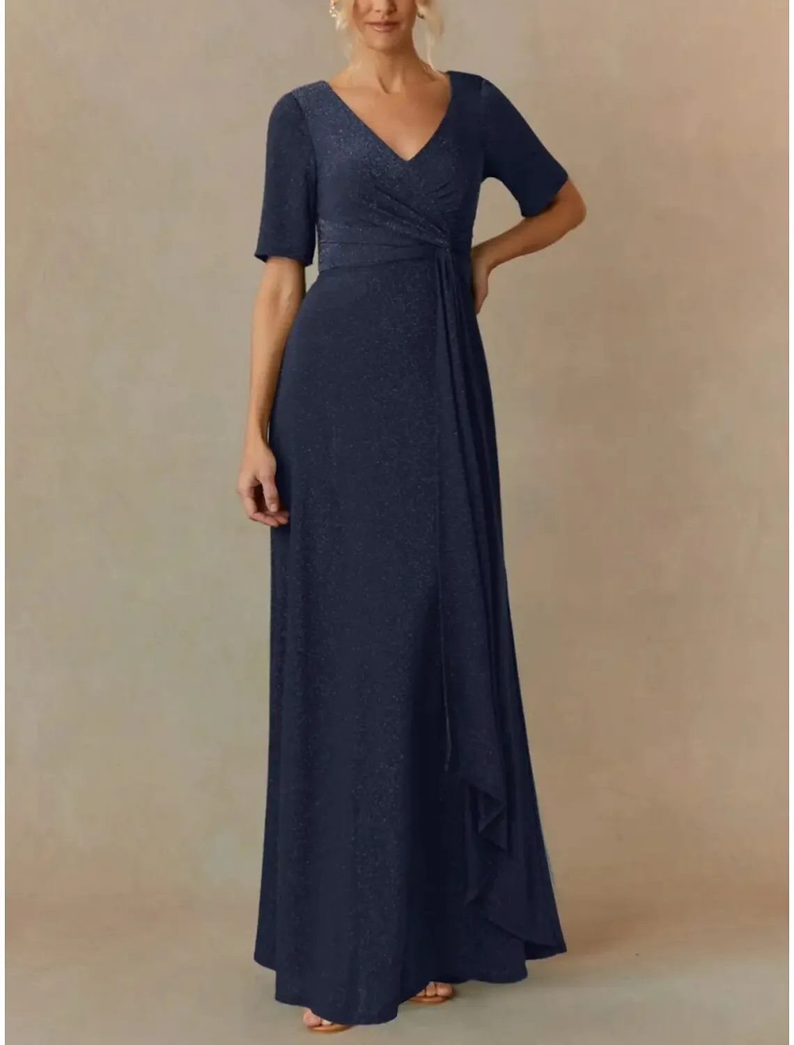 A-Line Mother of the Bride Dress Wedding Guest Elegant V Neck Floor Length Chiffon Short Sleeve with Ruching