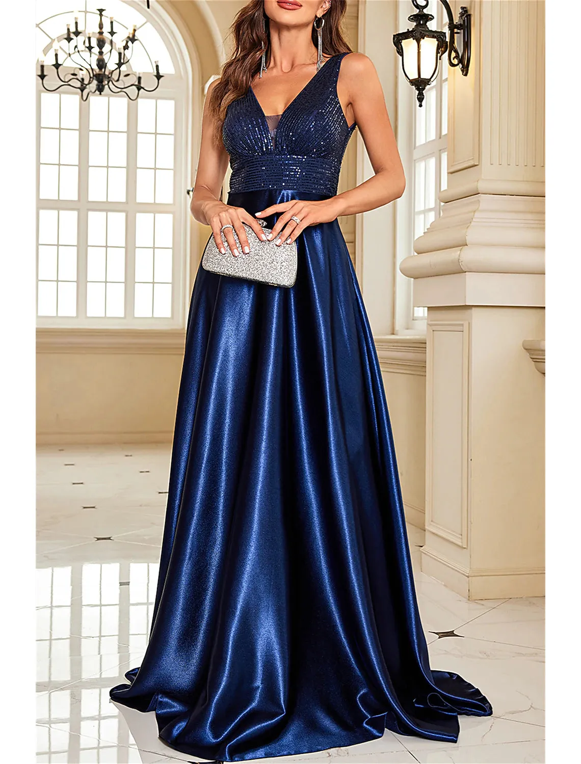 A-Line Mother of the Bride Dress Wedding Guest Party Sparkle & Shine Elegant V Neck Floor Length Satin Sequined Sleeveless with Sequin Color Block