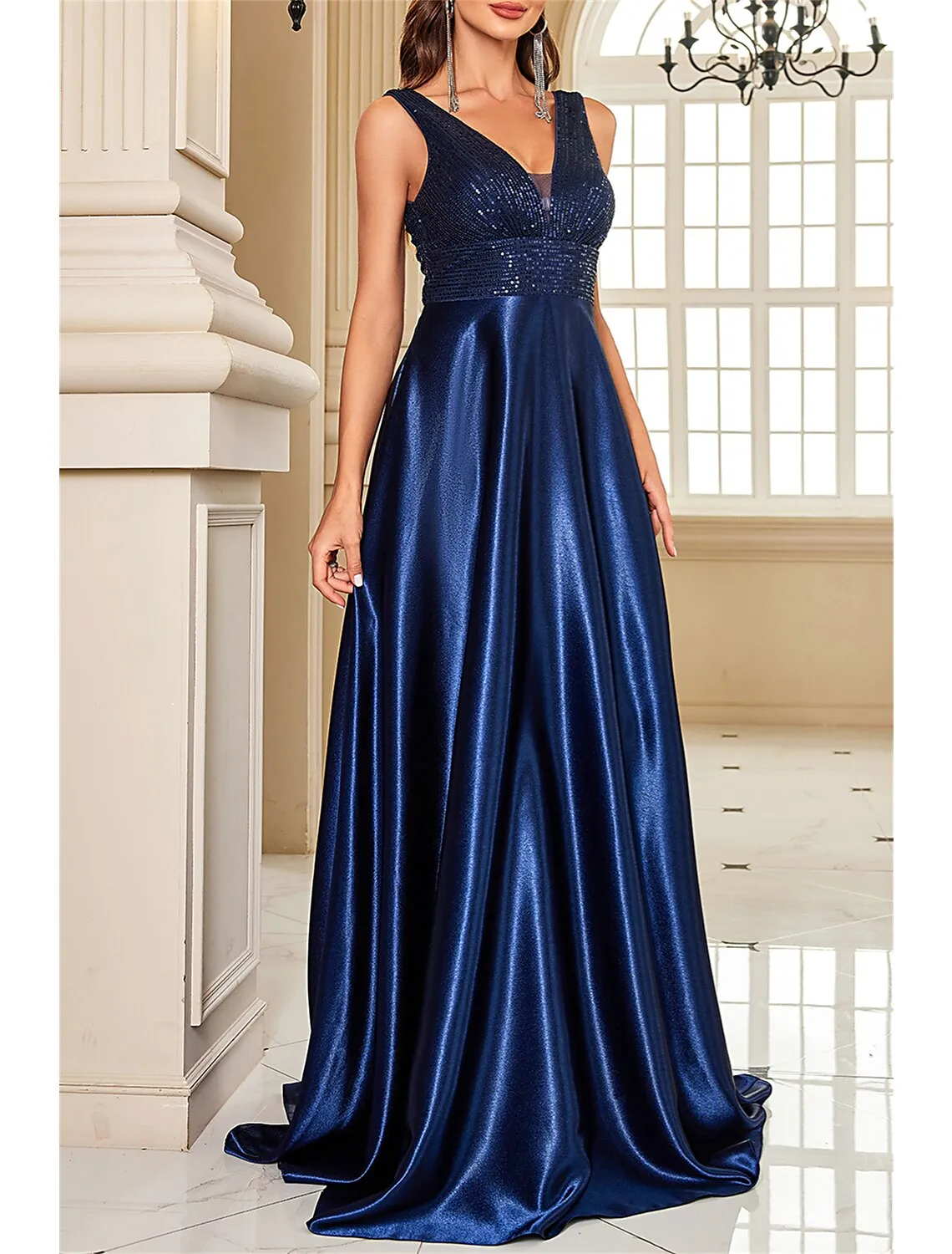 A-Line Mother of the Bride Dress Wedding Guest Party Sparkle & Shine Elegant V Neck Floor Length Satin Sequined Sleeveless with Sequin Color Block