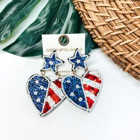 American Flag Seed Beaded Heart Earrings