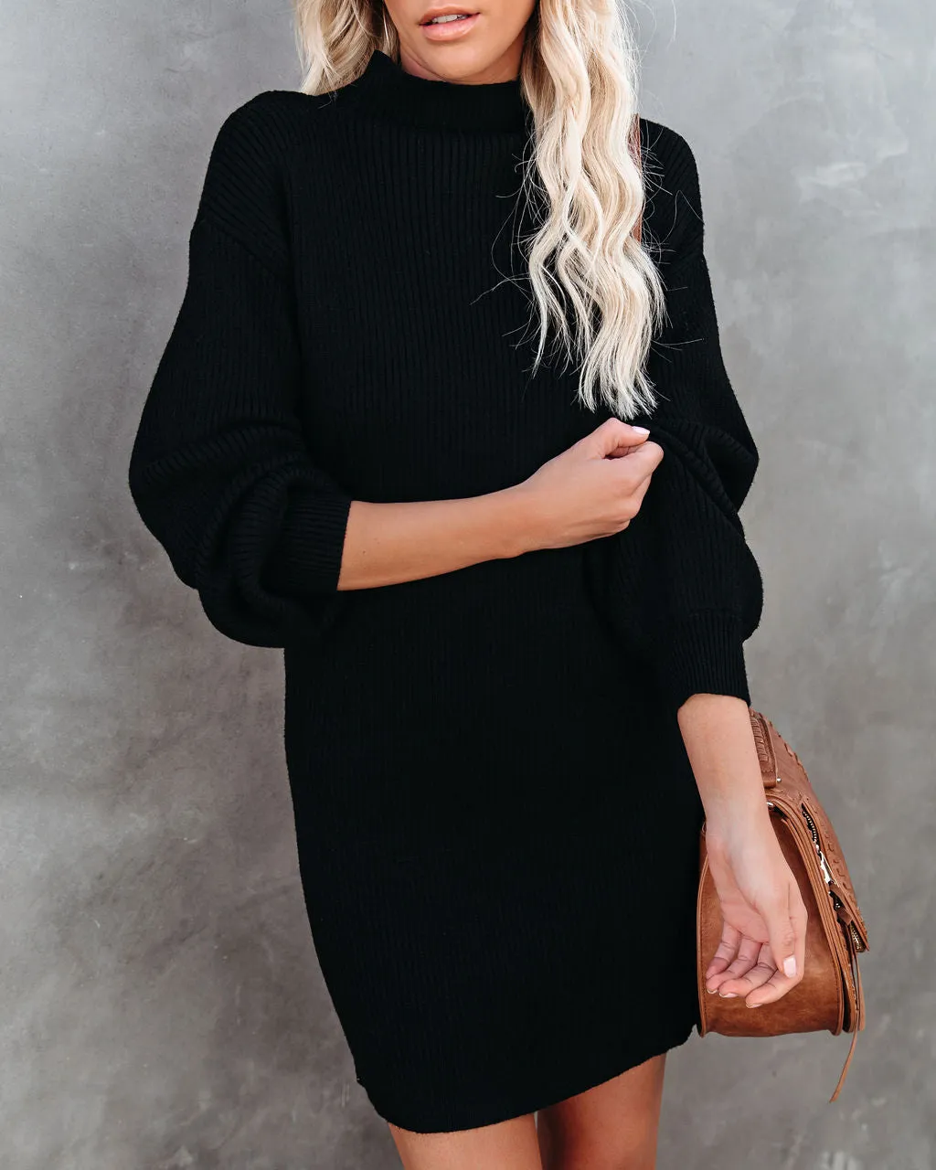 Anastasia Mock Neck Knit Sweater Dress - Black - FINAL SALE