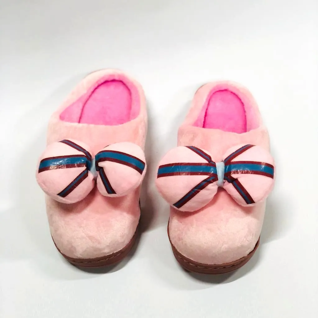 Bow Light Pink Rubber Sole Warm Cotton Winter Slippers 4401