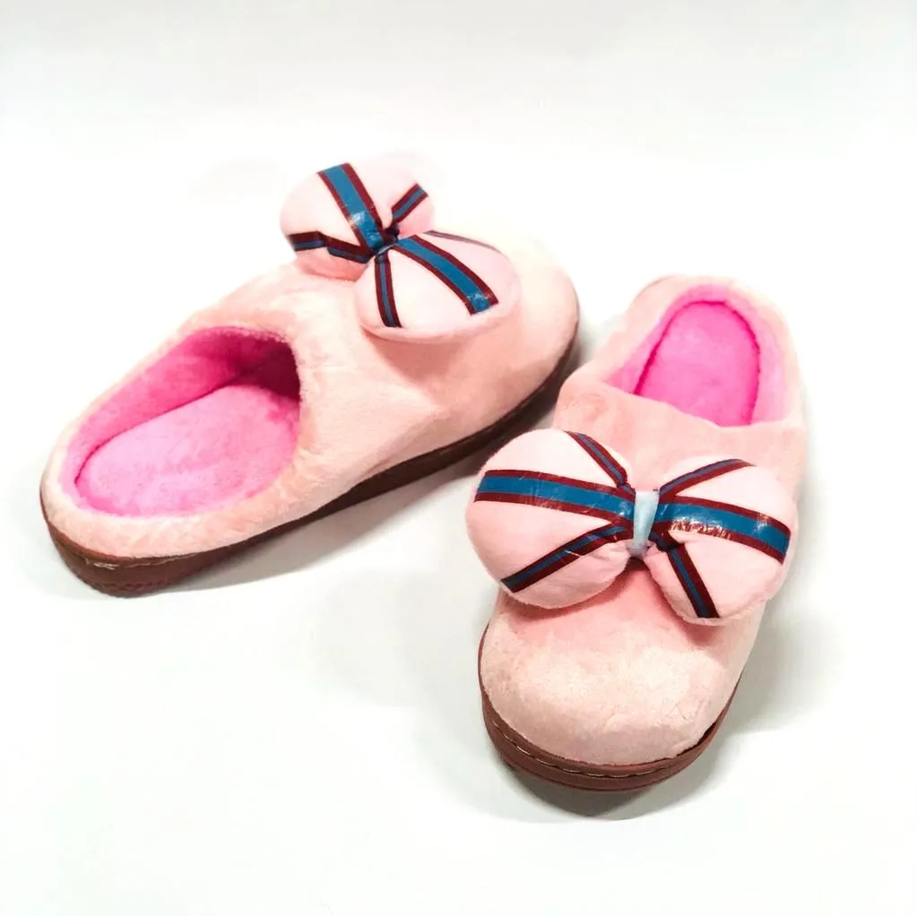 Bow Light Pink Rubber Sole Warm Cotton Winter Slippers 4401