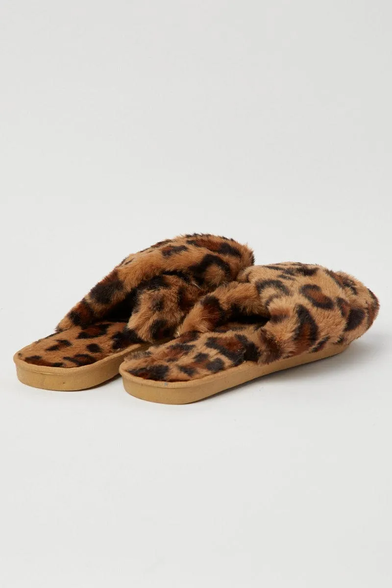 Brown Animal Print Faux Fur Slippers