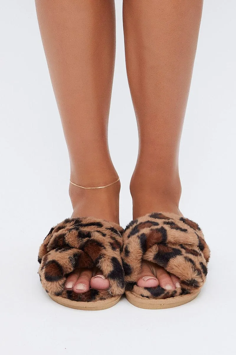 Brown Animal Print Faux Fur Slippers