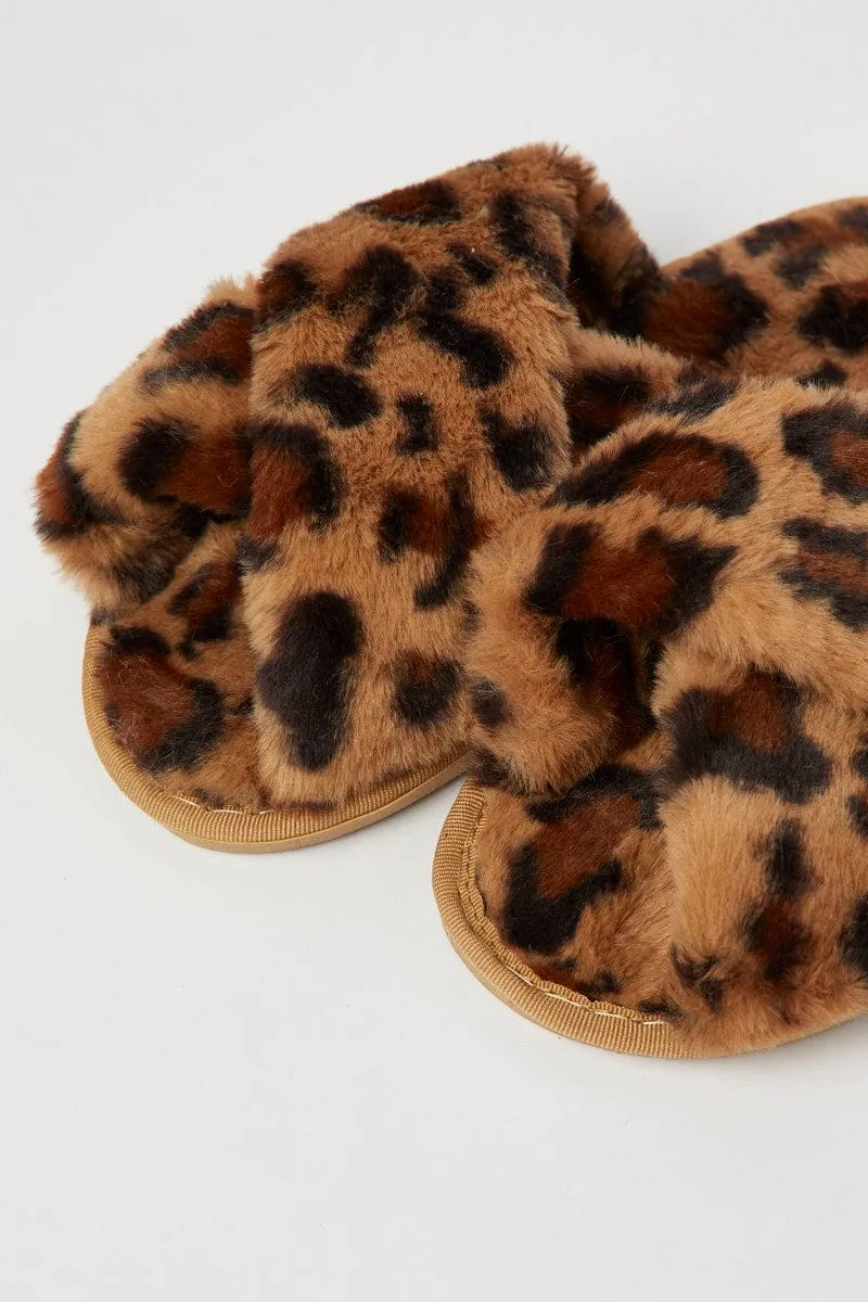 Brown Animal Print Faux Fur Slippers