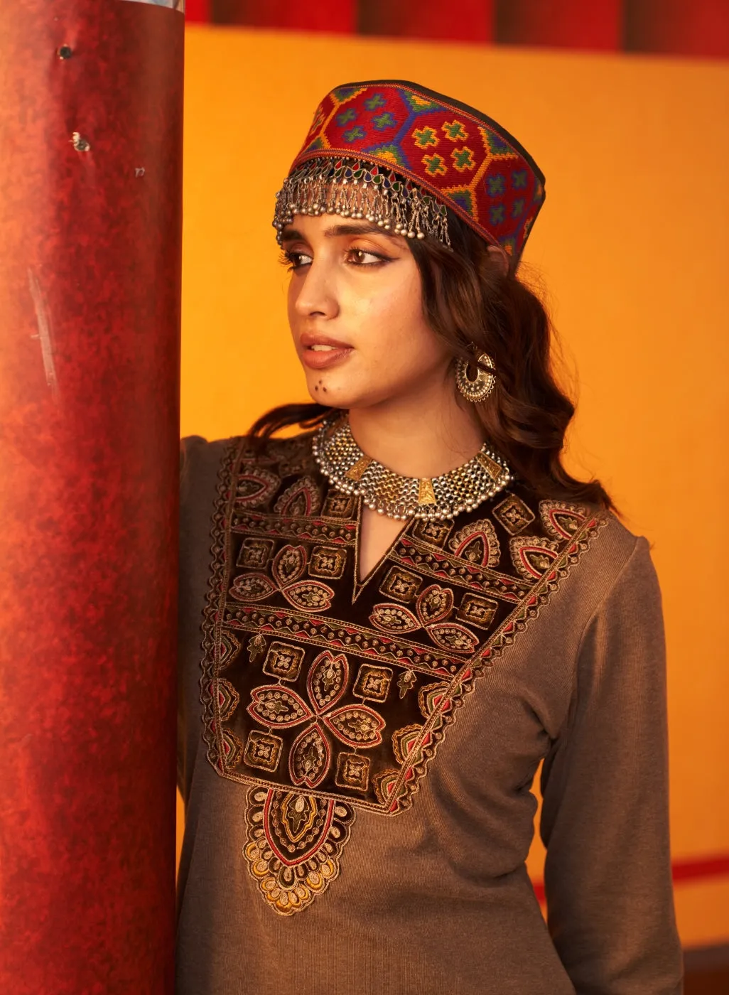 Brown Embroidered Woollen Kurta Set