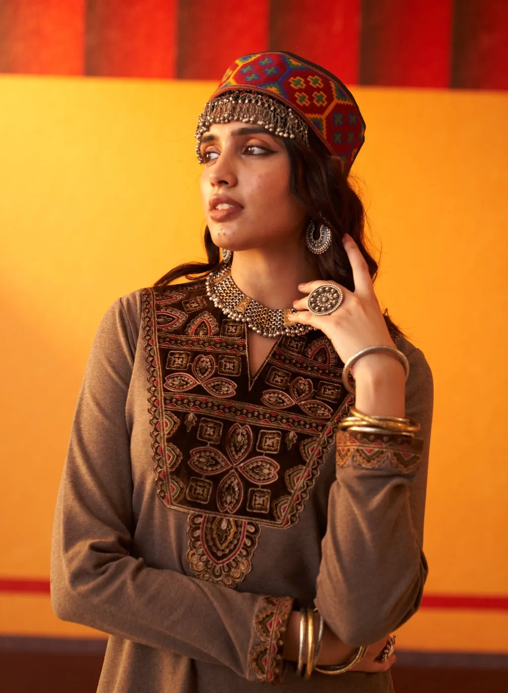 Brown Embroidered Woollen Kurta Set