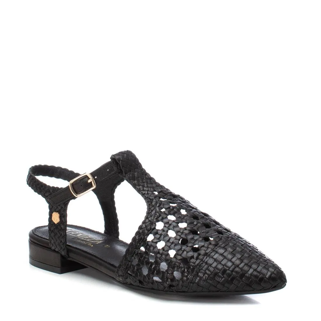 CARMELA Black Woven Leather T-Bar Shoe 161474