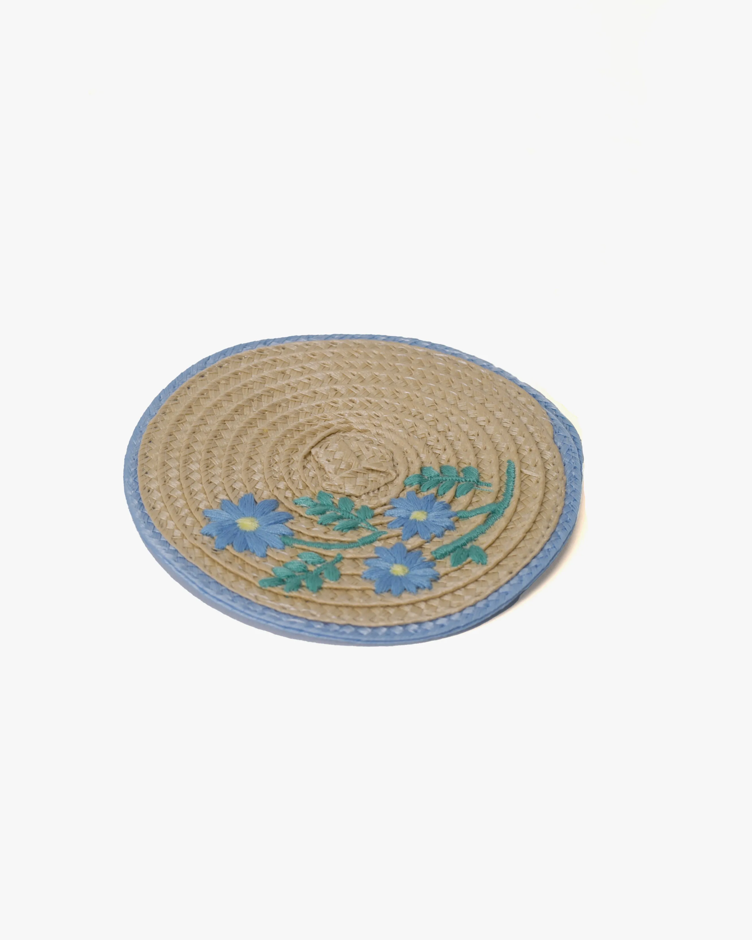 Coaster, Bisque, Embroidered Blue