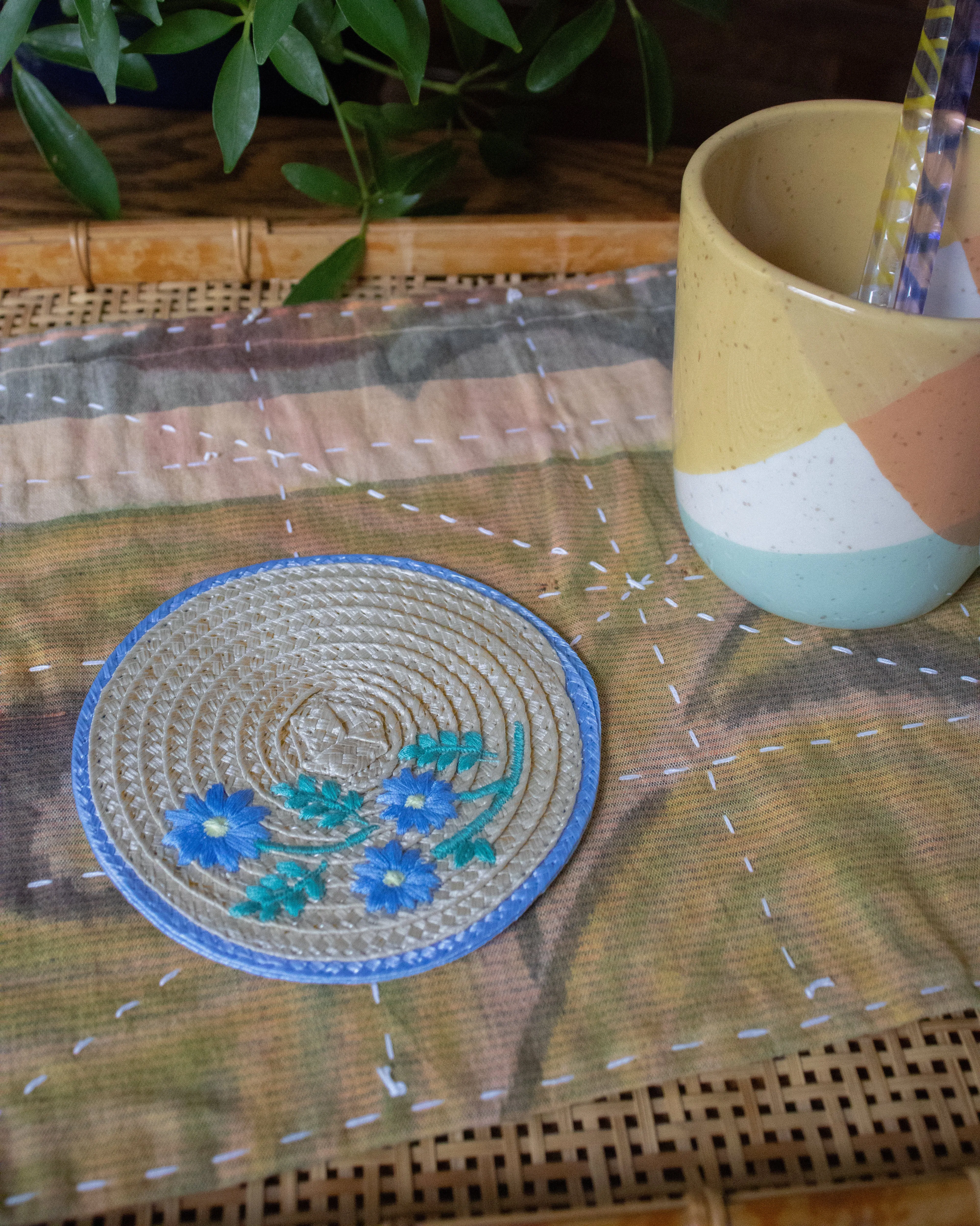 Coaster, Bisque, Embroidered Blue