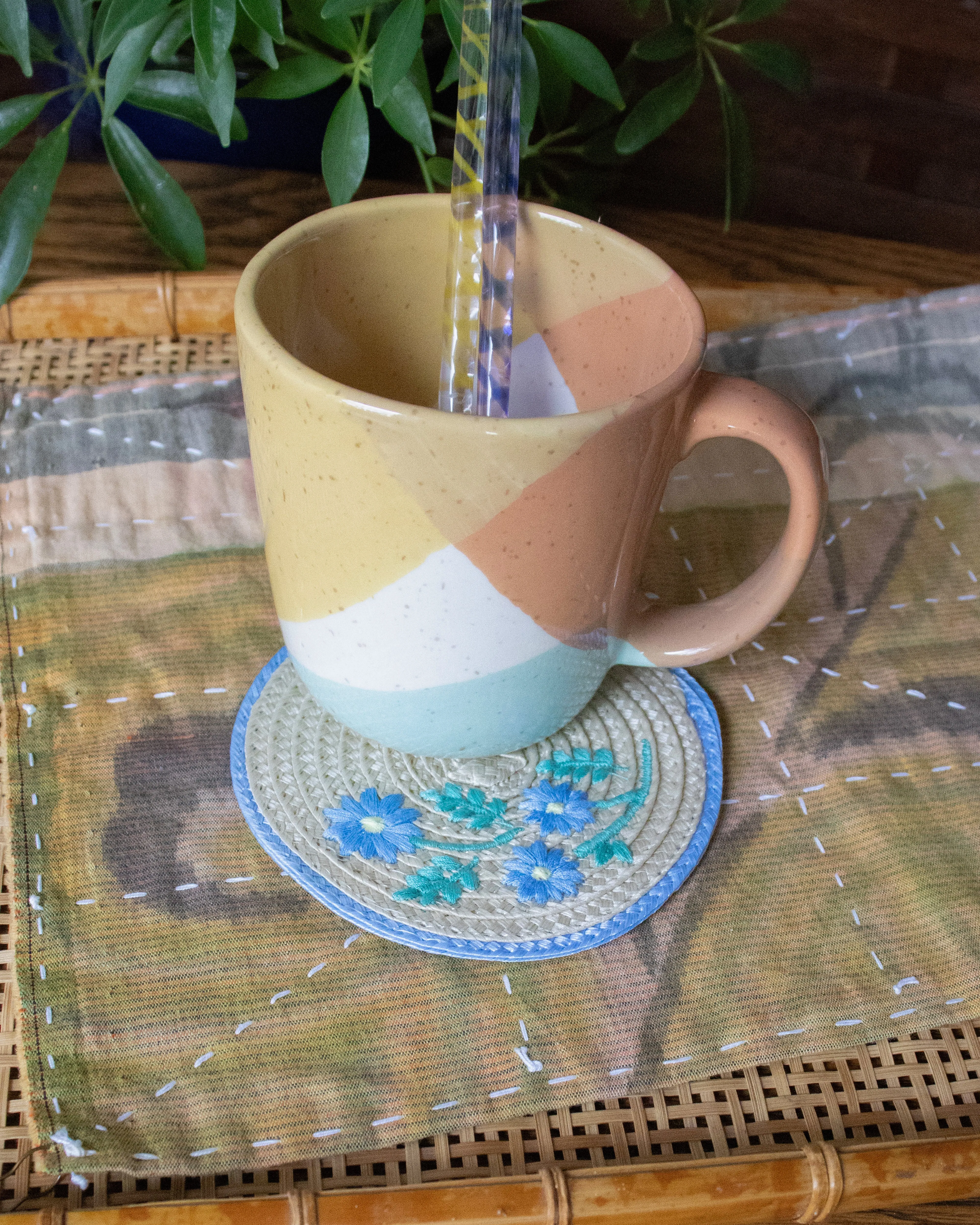 Coaster, Bisque, Embroidered Blue