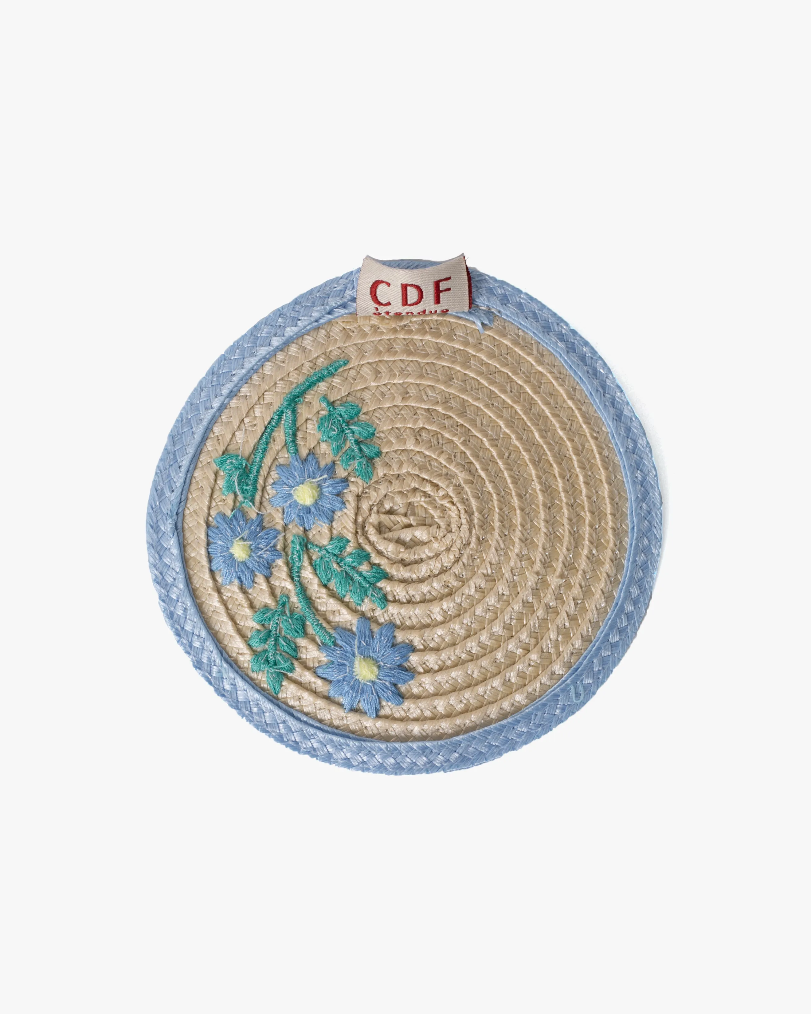 Coaster, Bisque, Embroidered Blue