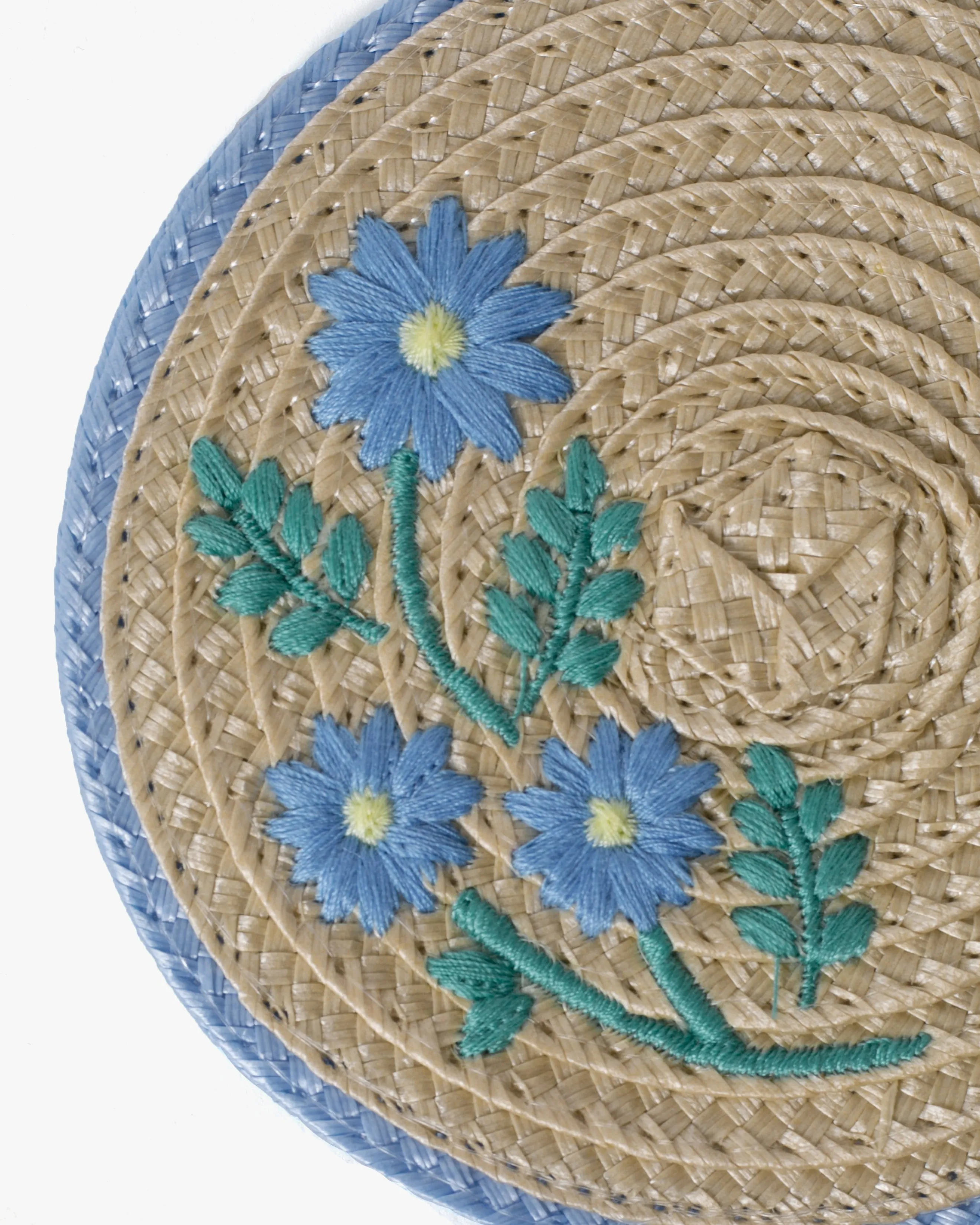 Coaster, Bisque, Embroidered Blue