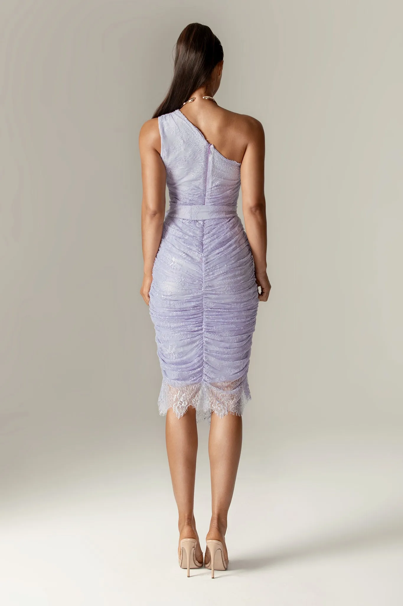 Fatima Lace Ruched Midi Dress (Pastel Lilac)