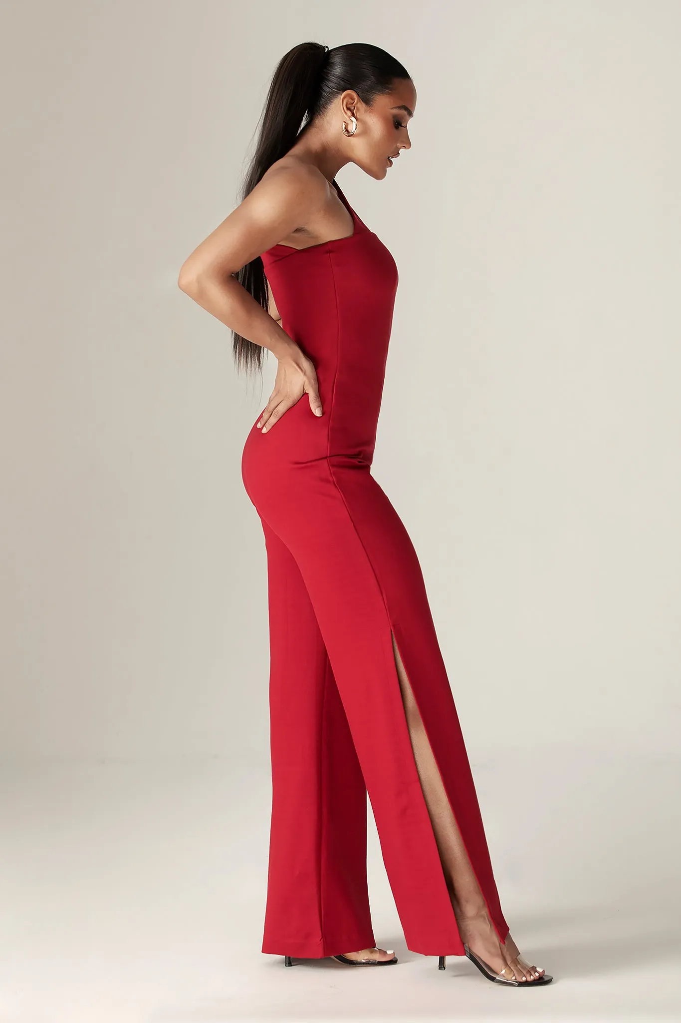 Hana Modern Asymmetrical Cutout Jumpsuit (Maroon)