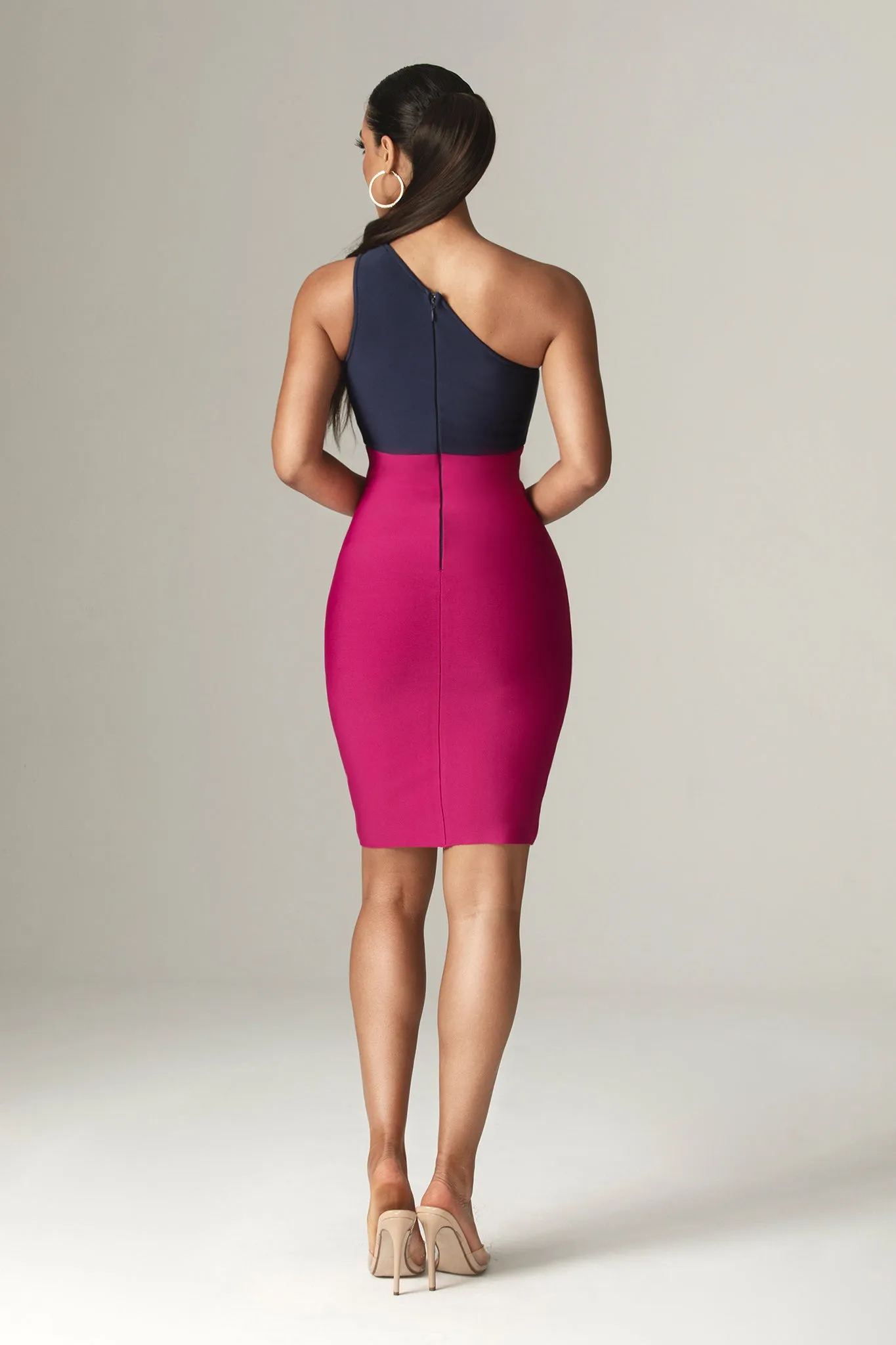 Ira One Shoulder Two Tone Bandage Dress (Navy Blue & Fuchsia)