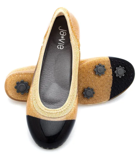 ja-vie black cap/gold jelly flats shoes