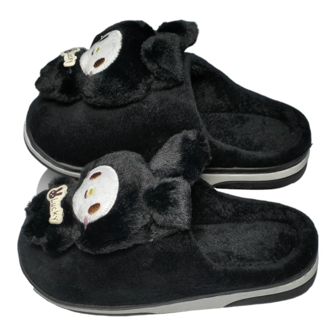 Kuromi Stuff Fur Black Winter Slippers 2645 C