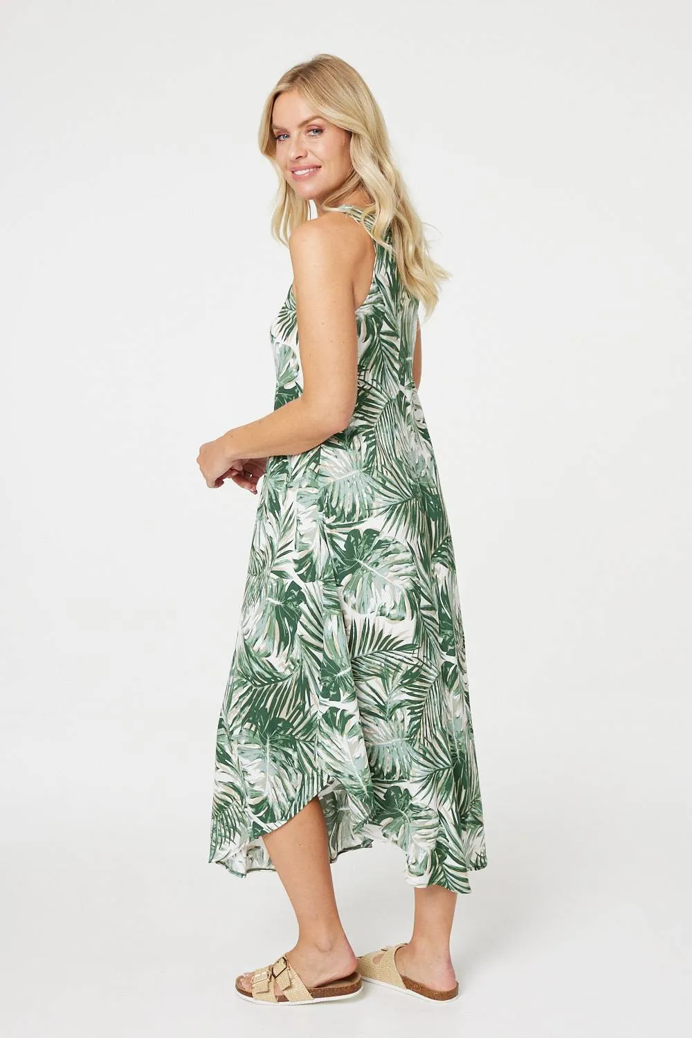 Leaf Print Hanky Hem Midi Dress