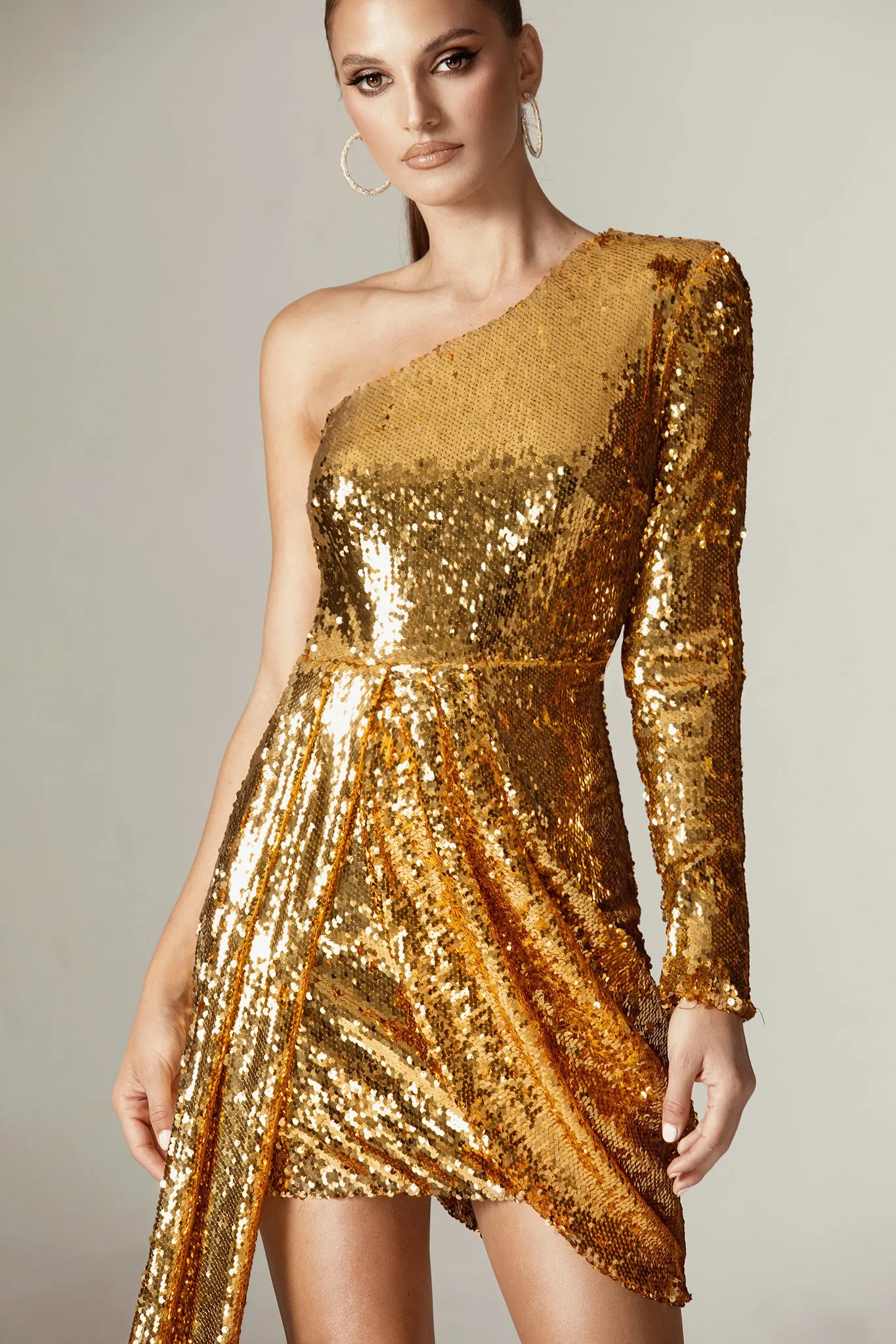 Misty Sequin One Shoulder Mini Dress (Gold)