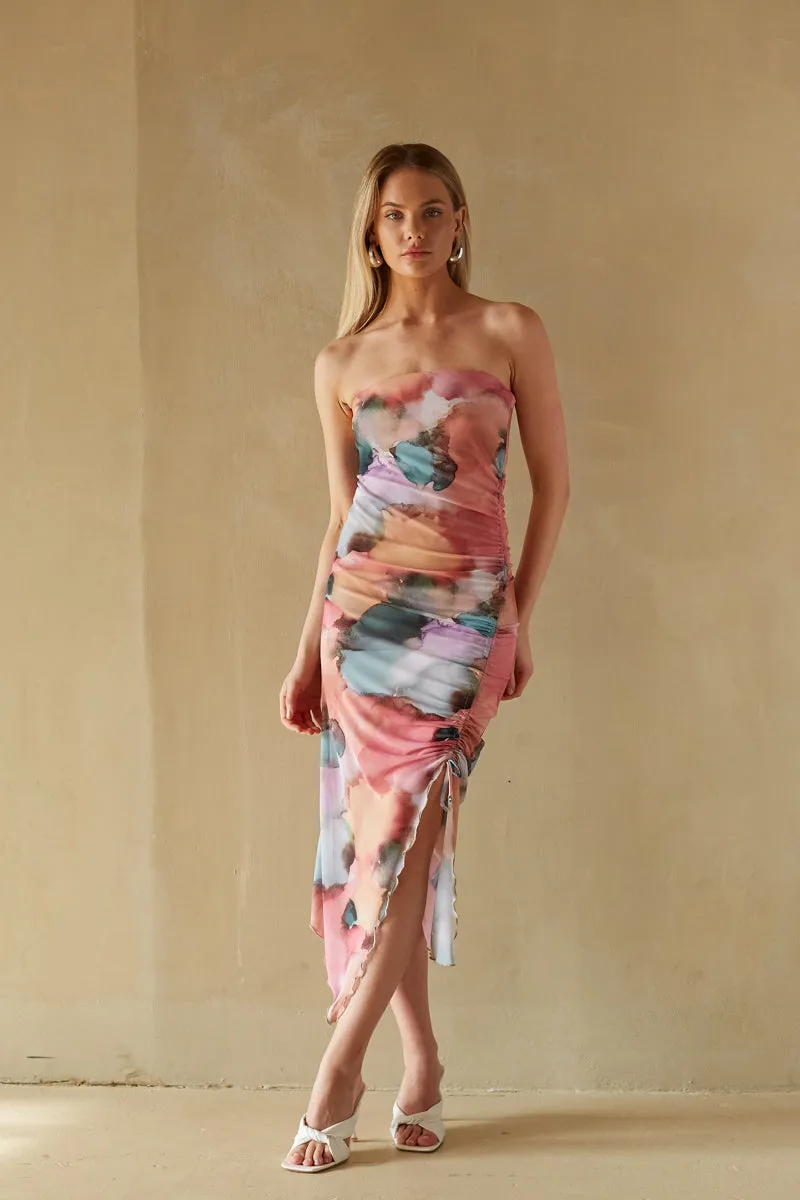 Paloma Strapless Watercolor Cinch Midi Dress