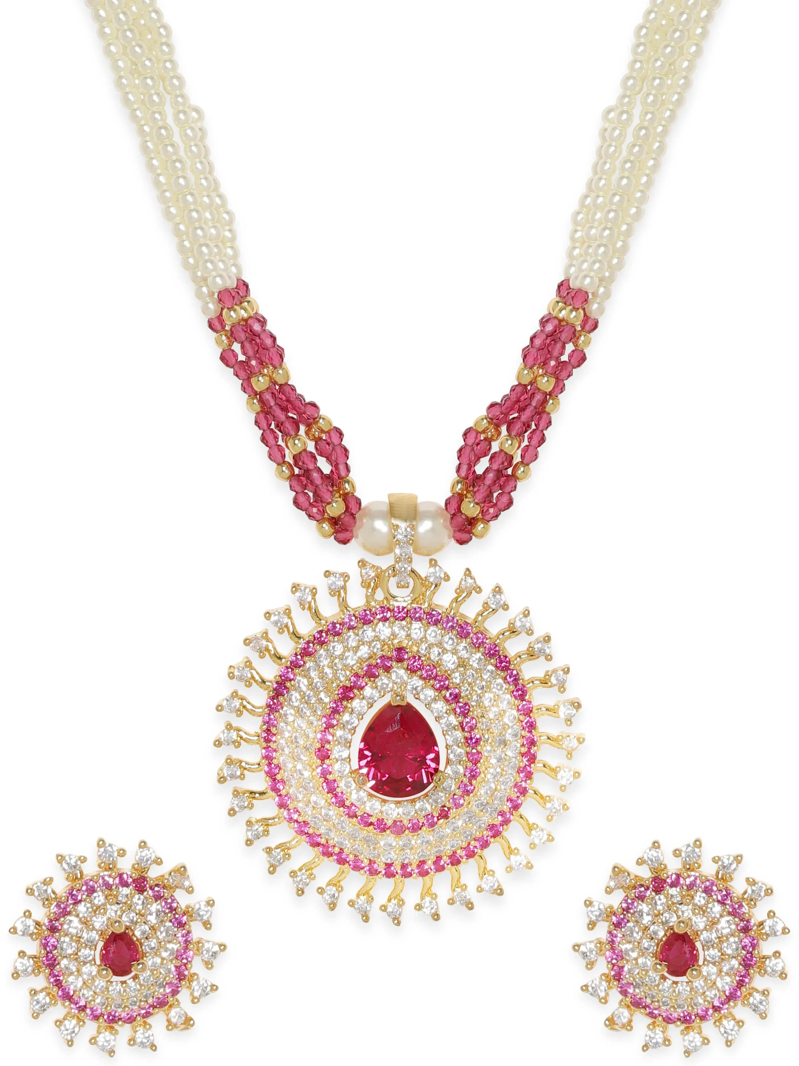 Rubans Blushing Elegance White Beaded Pink Stone AD Necklace Set