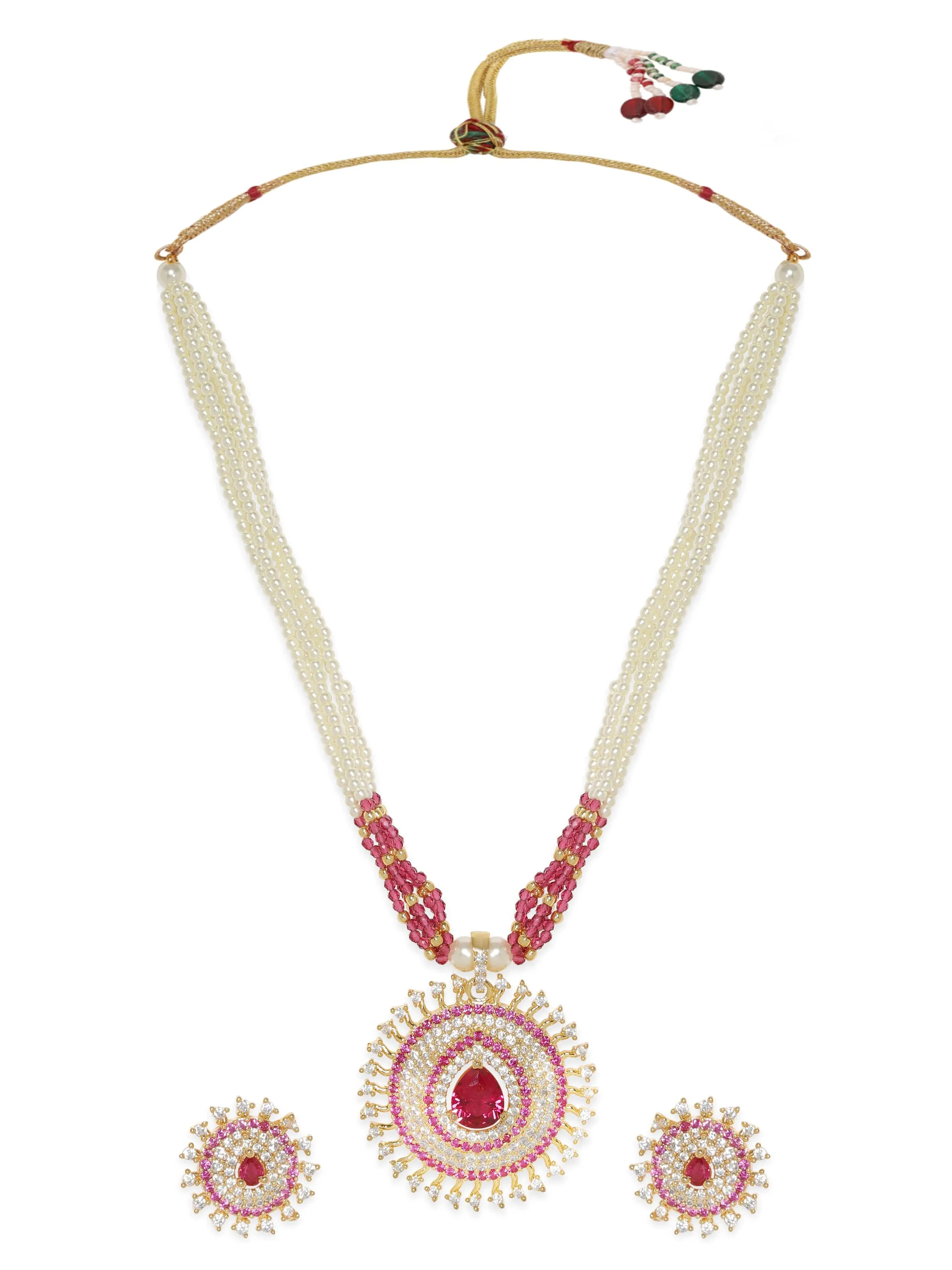 Rubans Blushing Elegance White Beaded Pink Stone AD Necklace Set