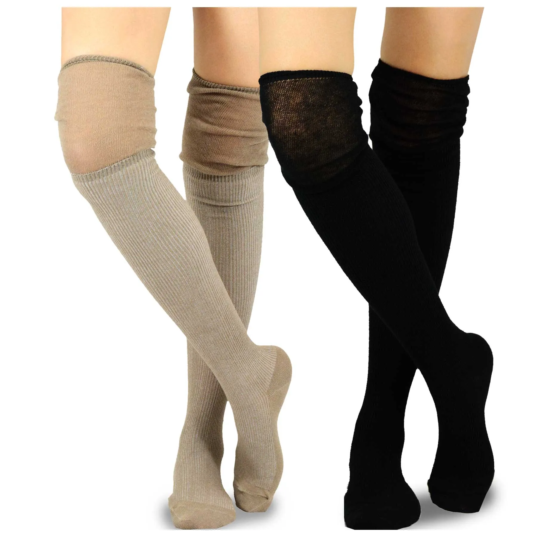 TeeHee Socks Women's Casual Cotton Over the Knee Slouch Top 2-Pack (10772)