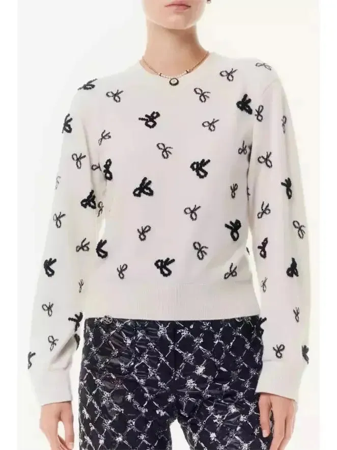 Women’s Bow-Embellished White and Black Cashmere Pullover Sweater