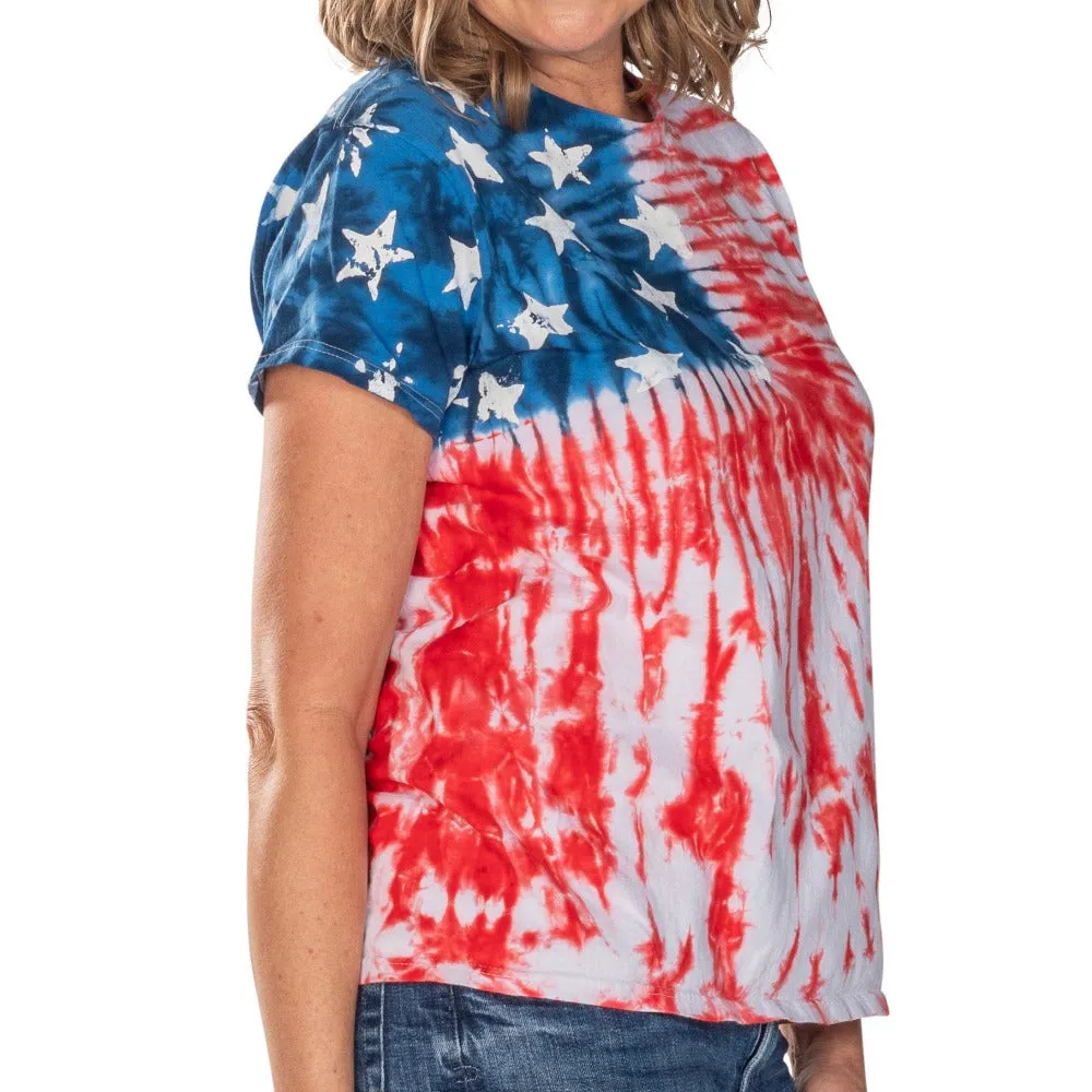 Women's Patriotic Tie Dye Painted Stars T-Shirt