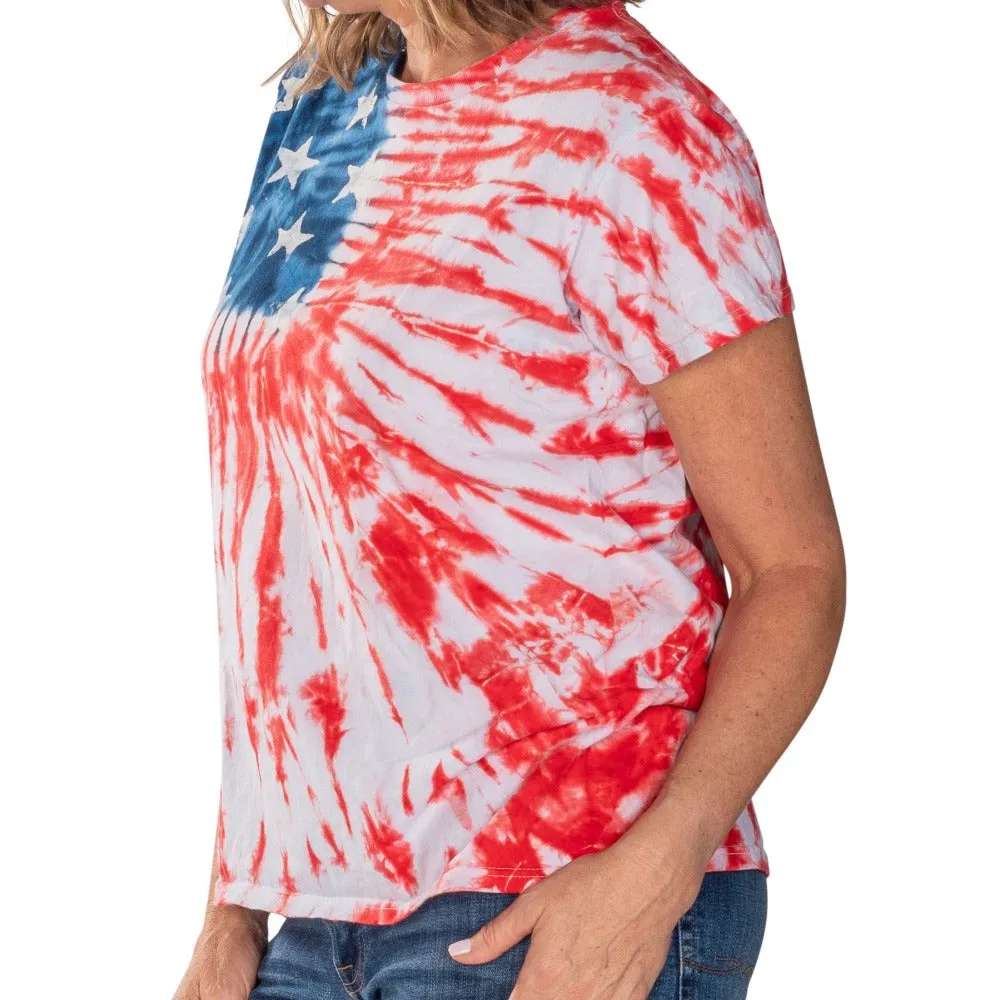 Women's Patriotic Tie Dye Painted Stars T-Shirt