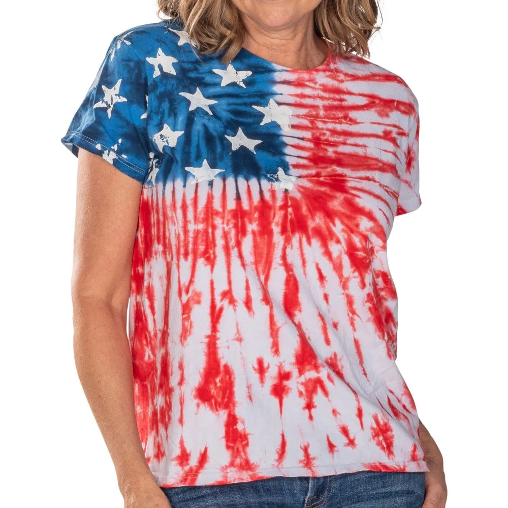 Women's Patriotic Tie Dye Painted Stars T-Shirt